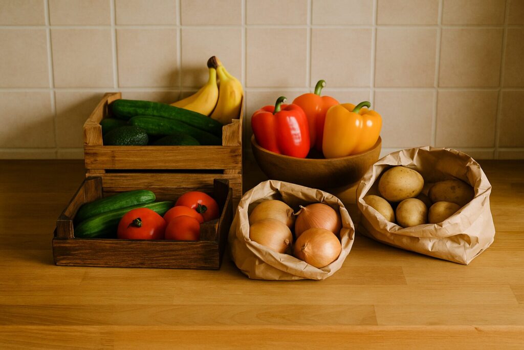 Voće i povrće u drvenim kutijama i papirnim kesama na kuhinjskoj površini
