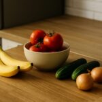 Svježe voće i povrće na kuhinjskoj radnoj površini – paradajz u zdjeli, banane, krastavci i luk