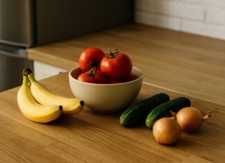 Svježe voće i povrće na kuhinjskoj radnoj površini – paradajz u zdjeli, banane, krastavci i luk