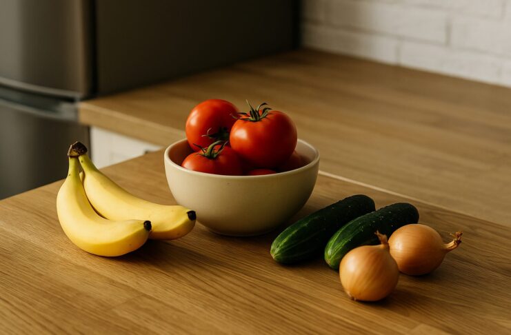 Svježe voće i povrće na kuhinjskoj radnoj površini – paradajz u zdjeli, banane, krastavci i luk