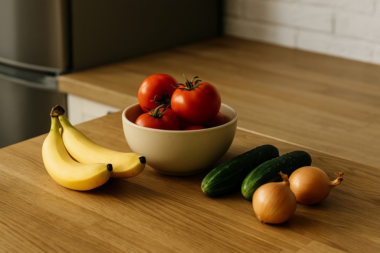 voce-i-povrce-discover Svježe voće i povrće na kuhinjskoj radnoj površini – paradajz u zdjeli, banane, krastavci i luk