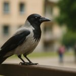 Vrana u gradu, Vrana na ogradi u urbanom naselju, zamućena pozadina s ljudima u daljini