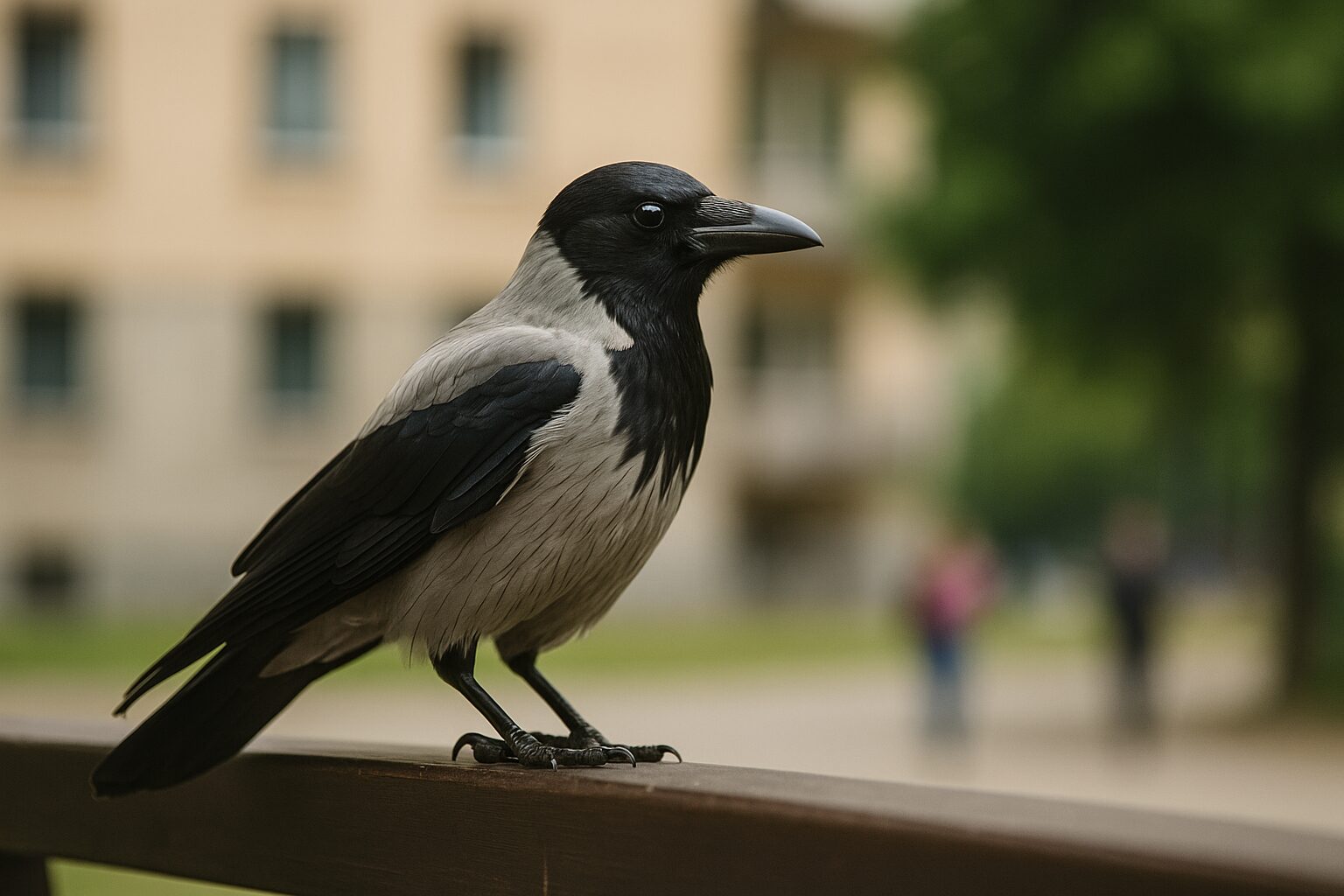 vrana u gradu Vrana u gradu, Vrana na ogradi u urbanom naselju, zamućena pozadina s ljudima u daljini