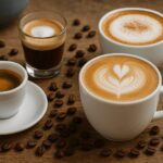 Različite vrste kafa servirane na drvenom stolu – espreso, kapućino, latte i makijato