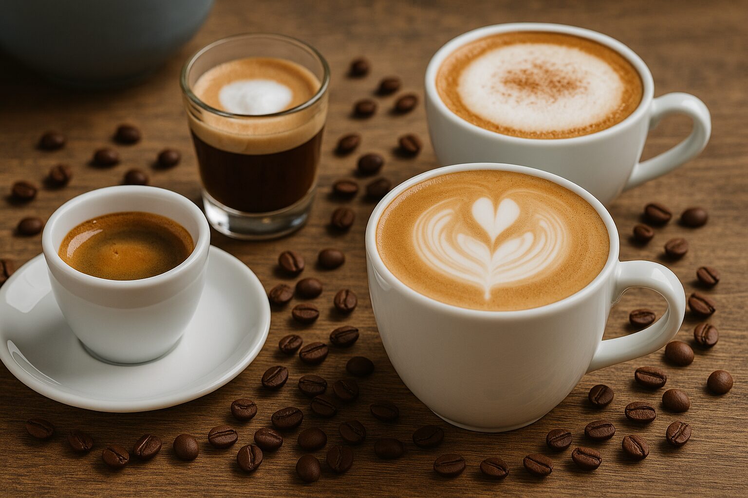 vrste-kafa-google-discover Različite vrste kafa servirane na drvenom stolu – espreso, kapućino, latte i makijato