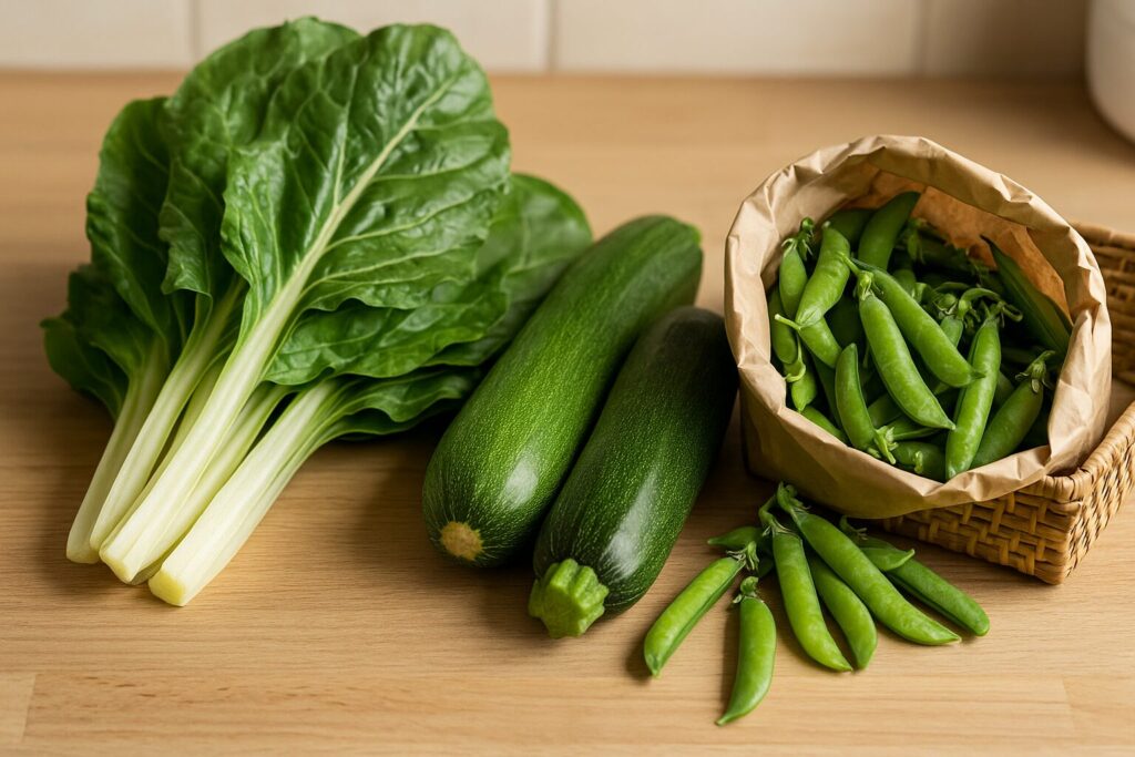 Svježa blitva, raštika, tikvice i grašak raspoređeni na kuhinjskom stolu u prirodnom svjetlu