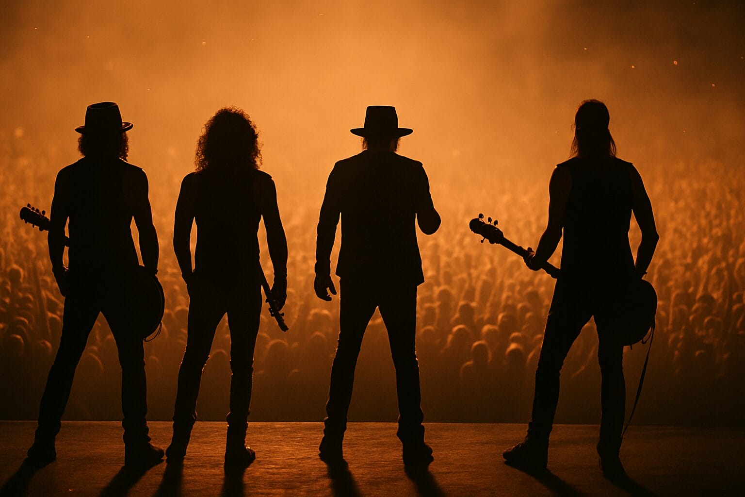 rock bend na bini Guns N' Roses koncert u Beogradu, Silhouette benda na koncertnoj bini ispred publike u sumrak