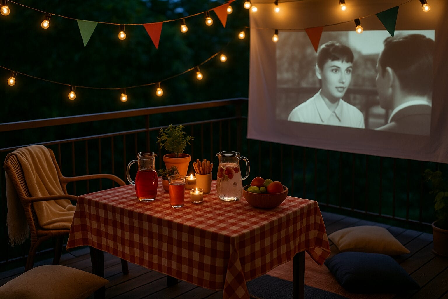 Ljetno kino balkon Ljetno kino na balkonu s lampicama, bokalom s voćem, jastučićima i projekcijom filma u toploj večeri