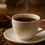 Koristi kafe u njezi kože, Bijela šoljica crne kafe iz koje se diže para, u fokusu ispred zamućene pozadine