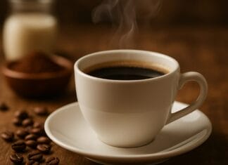 Koristi kafe u njezi kože, Bijela šoljica crne kafe iz koje se diže para, u fokusu ispred zamućene pozadine