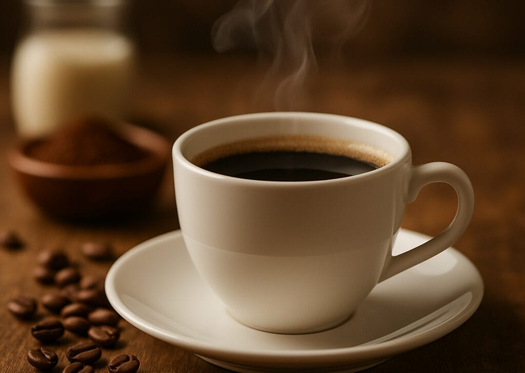 Koristi kafe u njezi kože, Bijela šoljica crne kafe iz koje se diže para, u fokusu ispred zamućene pozadine