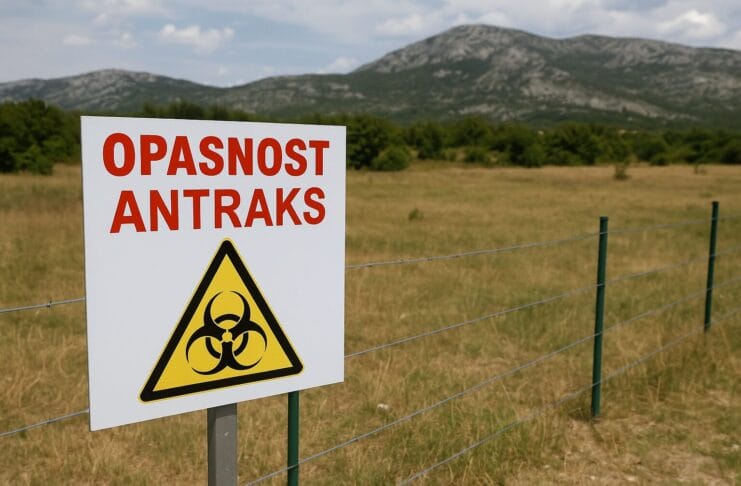 Antraks u Hrvatskoj, Znak upozorenja na antraks ispred ograđenog pašnjaka u Dalmatinskoj zagori, uz planinski pejzaž u pozadini.