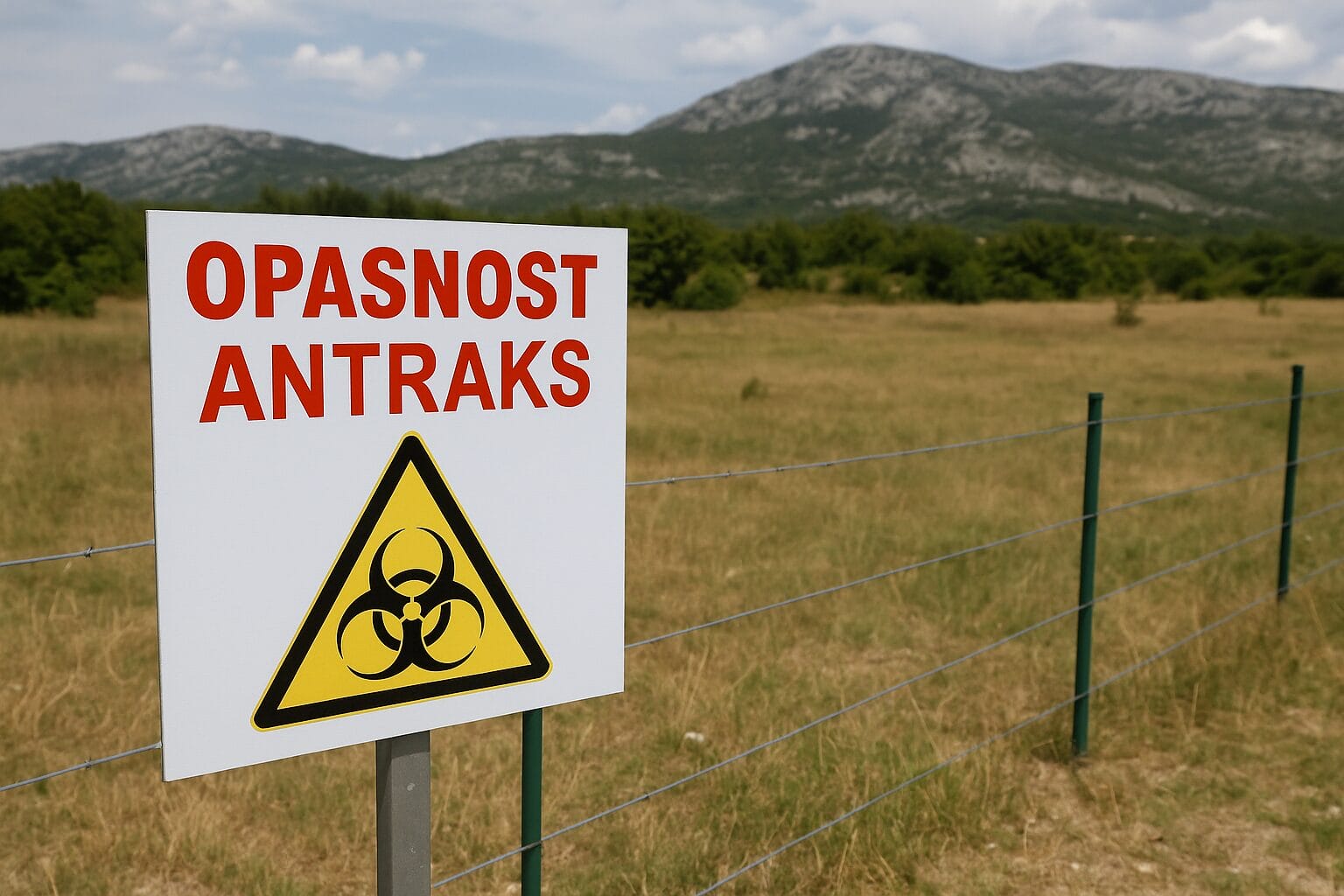 antraks-upozorenje-pasnjaci Antraks u Hrvatskoj, Znak upozorenja na antraks ispred ograđenog pašnjaka u Dalmatinskoj zagori, uz planinski pejzaž u pozadini.