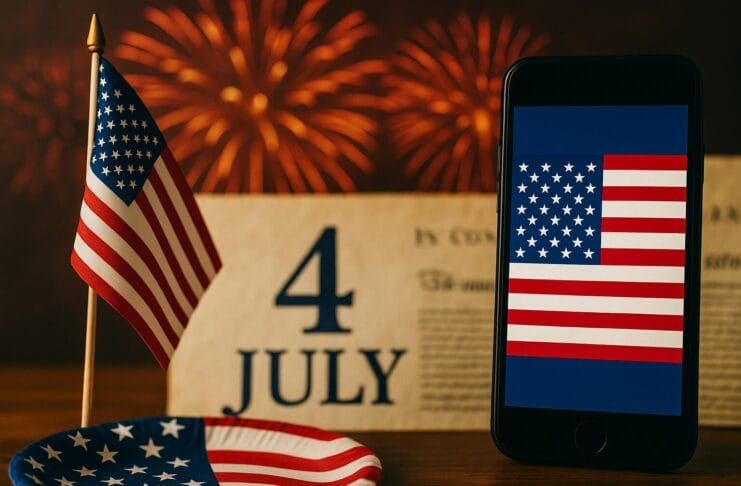 Četvrti juli, • Američka zastava prikazana na ekranu mobitela uz Deklaraciju nezavisnosti i vatromet u pozadini