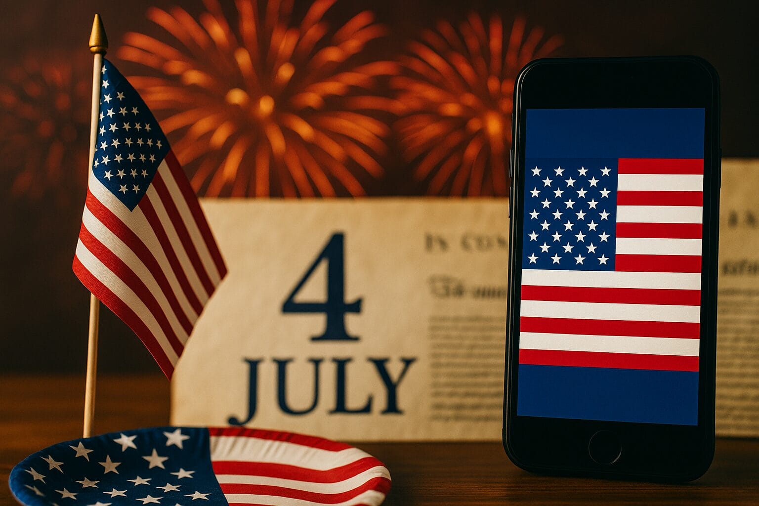 cetvrti-juli-deklaracija-usa-zastava-vatromet Četvrti juli, • Američka zastava prikazana na ekranu mobitela uz Deklaraciju nezavisnosti i vatromet u pozadini