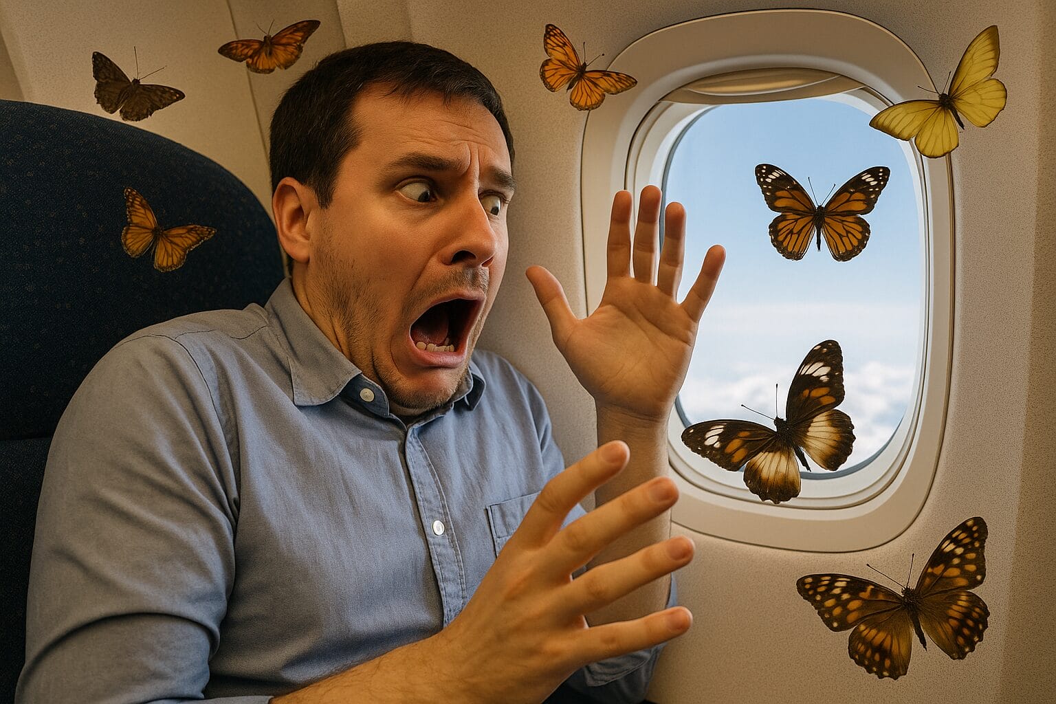 Fobije, Strahovi i fobije, Osoba širom otvorenih očiju u avionu, okružena sjenama leptira i prozorom kroz koji se vidi velika visina