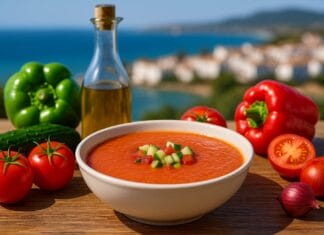 Presolili ste supu? Evo kako da je spasite Gaspaćo juha u bijeloj zdjeli na drvenom stolu s povrćem i zamućenom pozadinom Španije