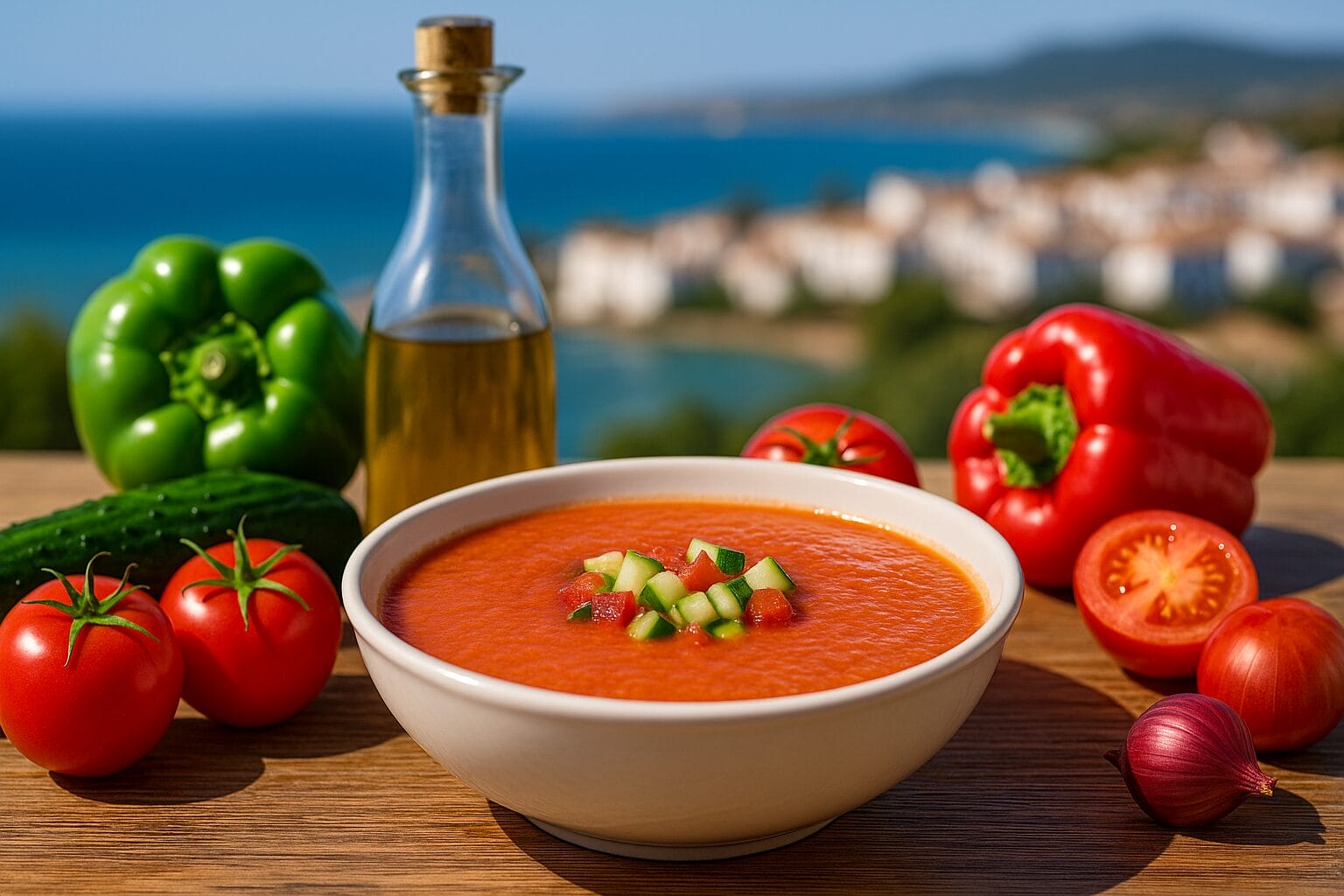 Gaspaćo juha u bijeloj zdjeli na drvenom stolu s povrćem i zamućenom pozadinom Španije