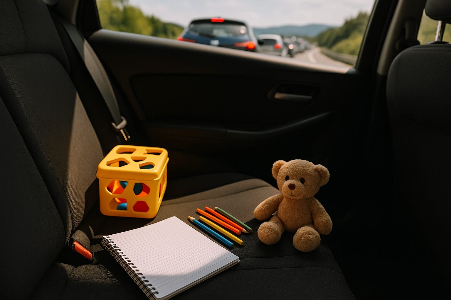 igracke-za-djecu-putovanje-auto-guzve Zadnje sjedište automobila s dječijim bojicama i sveskom tokom putovanja, igre u atomobilu za djecu