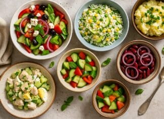 salate koje hlade i hrane, Više zdjelica s raznim ljetnim salatama u živim bojama raspoređenih na kamenom stolu/ Namirnica koju skoro svi jedemo pogrešno i time opterećujemo jetru