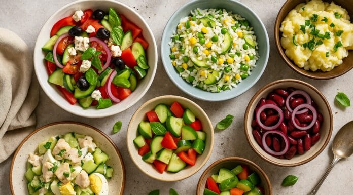 salate koje hlade i hrane, Više zdjelica s raznim ljetnim salatama u živim bojama raspoređenih na kamenom stolu/ Namirnica koju skoro svi jedemo pogrešno i time opterećujemo jetru