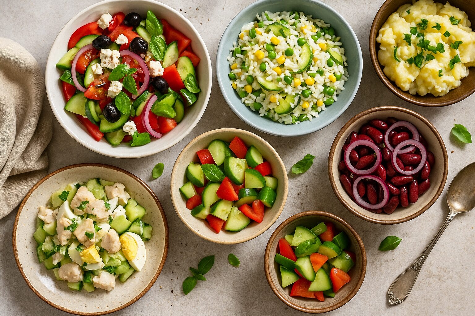 salate koje hlade i hrane, Više zdjelica s raznim ljetnim salatama u živim bojama raspoređenih na kamenom stolu