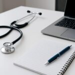Nadoknada za bolesti i povrede, nova naredba u FBiH, Stetoskop i metalna hemijska olovka na formularima s dijagnozom, raspoređeni na drvenoj površini