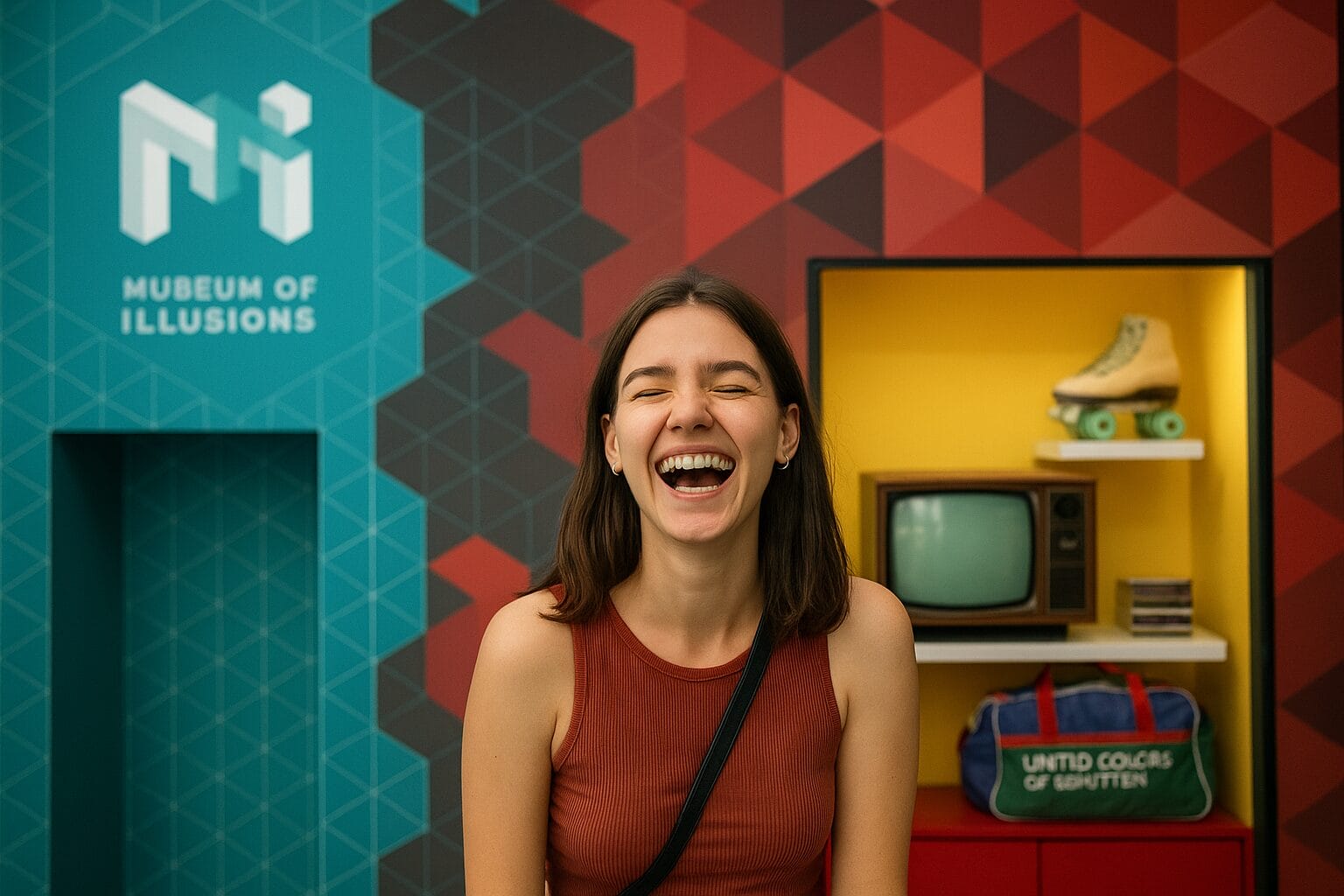 neobicni-muzeji-ljeto-muzej-iluzija Neobični muzeji, Mladi osmijehnuti posjetilac u Muzeju iluzija ispred retro televizora i rolera