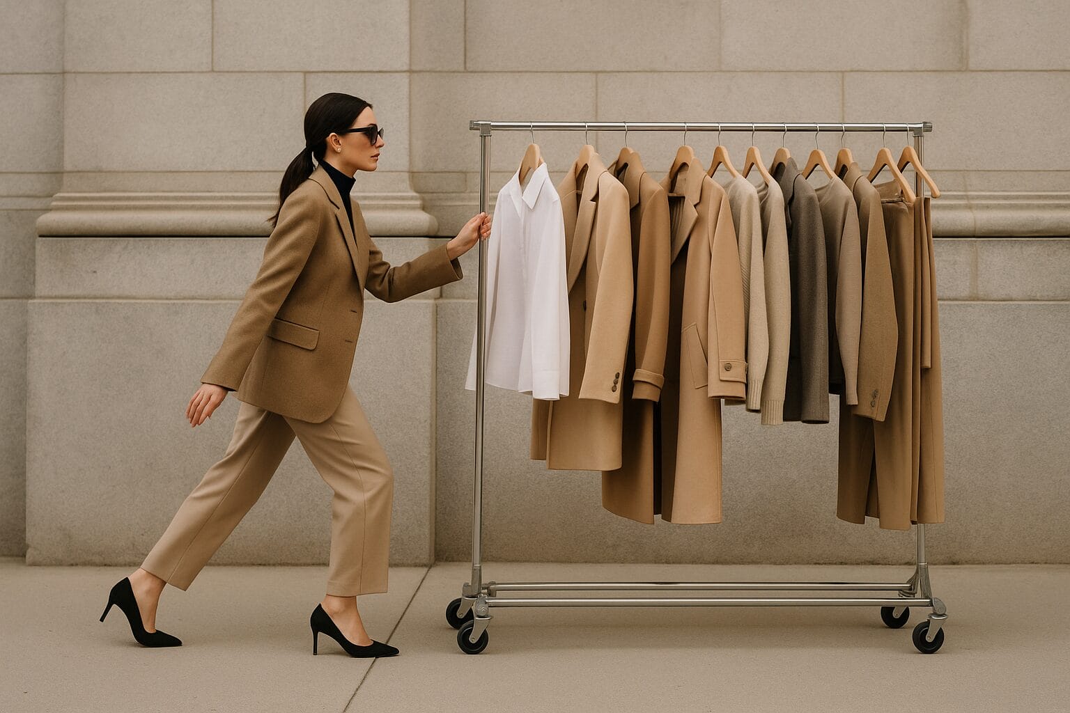 old-money-editorijal-raf-odjeca-pokret Old money stil, Žena u pokretu vuče stalak s odjećom ispred zgrade od kamena u stilu modnog editorijala