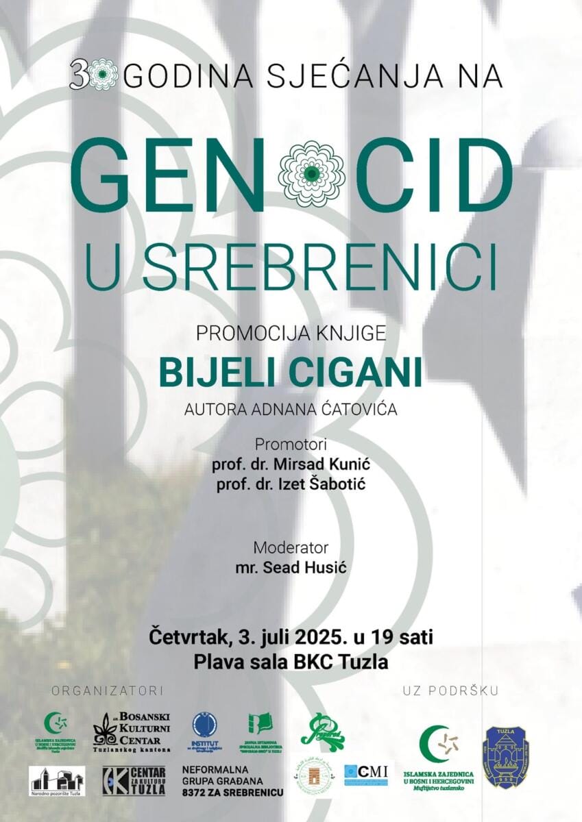 promocija-bijeli-cigani U okviru manifestacije „Dani sjećanja na genocid u Srebrenici“, večeras, 3. jula s početkom u 19 sati, u Plavoj sali Bosanskog kulturnog centra Tuzlanskog kantona biće upriličena promocija romana “Bijeli Cigani” autora Adnana Ćatovića.