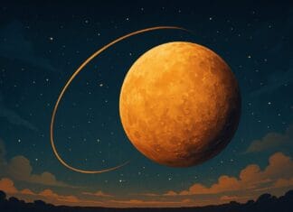 Retrogradni Merkur, Ilustracija planete Merkur u retrogradnom kretanju na noćnom nebu s tragom putanje