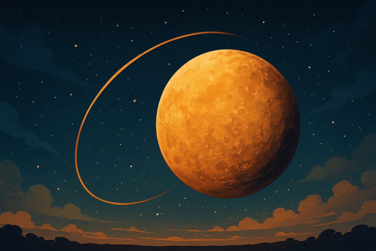 retrogradni Merkur juli 2025 ilustracija Retrogradni Merkur, Ilustracija planete Merkur u retrogradnom kretanju na noćnom nebu s tragom putanje