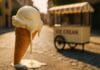 Domaći sladoled od vanilije bez aparata: Kremast desert od nekoliko sastojaka kako sigurno kupiti sladoled na ulici, Topljeni sladoled u kornetu na suncu ispred uličnog štanda s natpisom „Ice Cream“ na kaldrmisanoj ulici