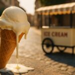 kako sigurno kupiti sladoled na ulici, Topljeni sladoled u kornetu na suncu ispred uličnog štanda s natpisom „Ice Cream“ na kaldrmisanoj ulici