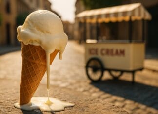 Domaći sladoled od vanilije bez aparata: Kremast desert od nekoliko sastojaka kako sigurno kupiti sladoled na ulici, Topljeni sladoled u kornetu na suncu ispred uličnog štanda s natpisom „Ice Cream“ na kaldrmisanoj ulici