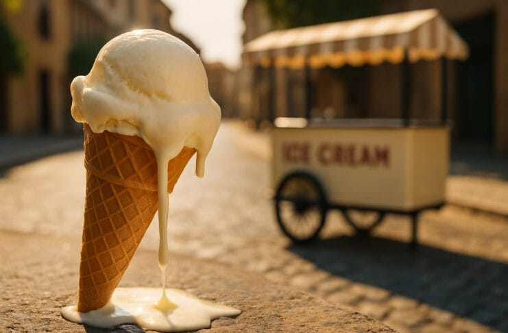 kako sigurno kupiti sladoled na ulici, Topljeni sladoled u kornetu na suncu ispred uličnog štanda s natpisom „Ice Cream“ na kaldrmisanoj ulici