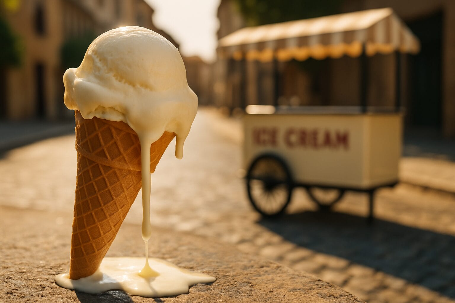 kako sigurno kupiti sladoled na ulici, Topljeni sladoled u kornetu na suncu ispred uličnog štanda s natpisom „Ice Cream“ na kaldrmisanoj ulici