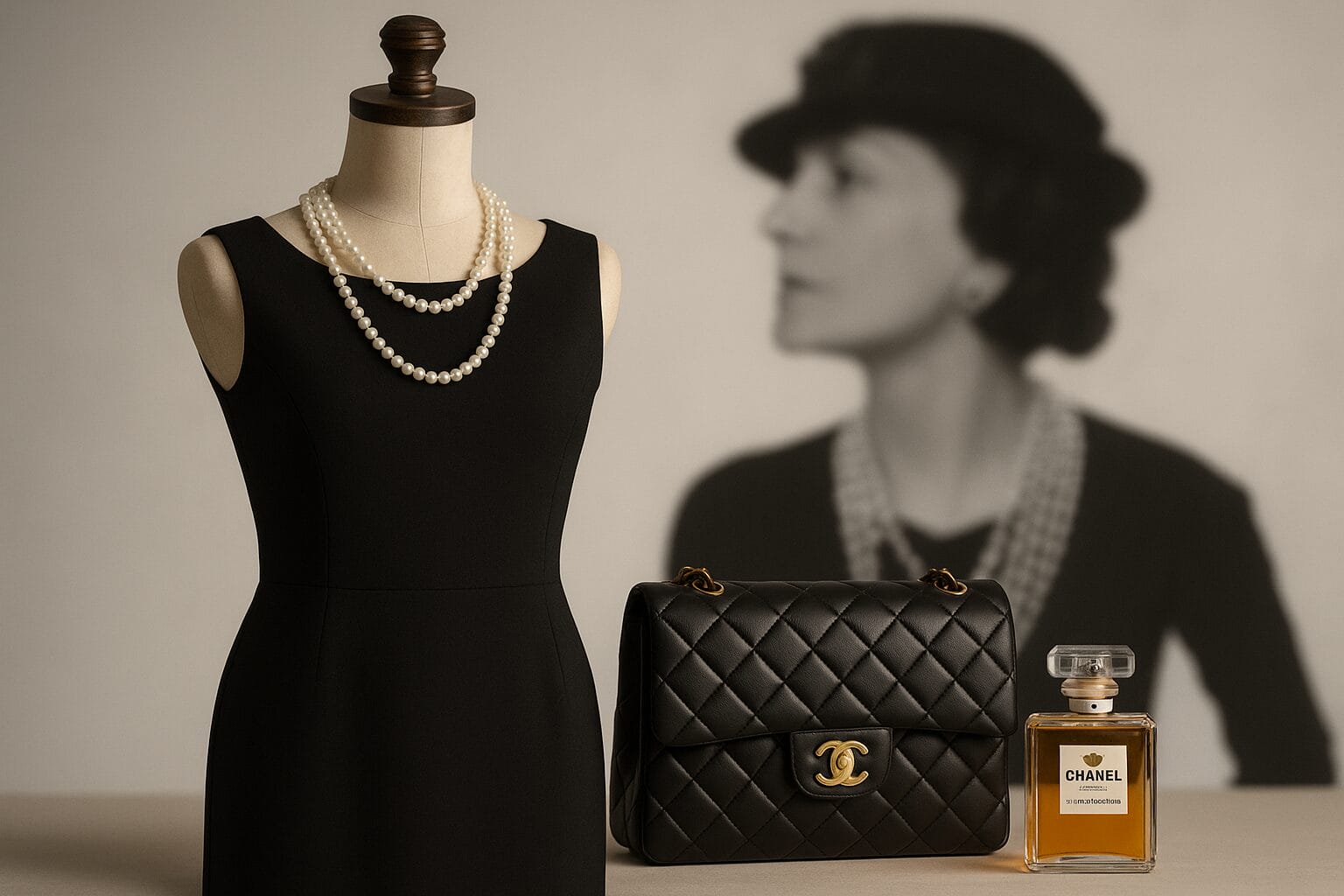 Mala crna haljina na manekenu s biserima, uz Chanel torbicu i parfem No. 5, u pozadini zamućena crno-bijela fotografija Coco Chanel.