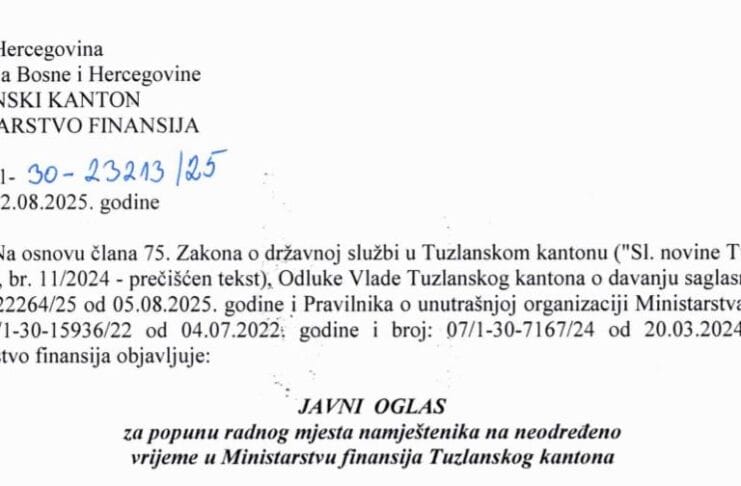 Ministarstvo finansija TK: Konkurs za višeg referenta