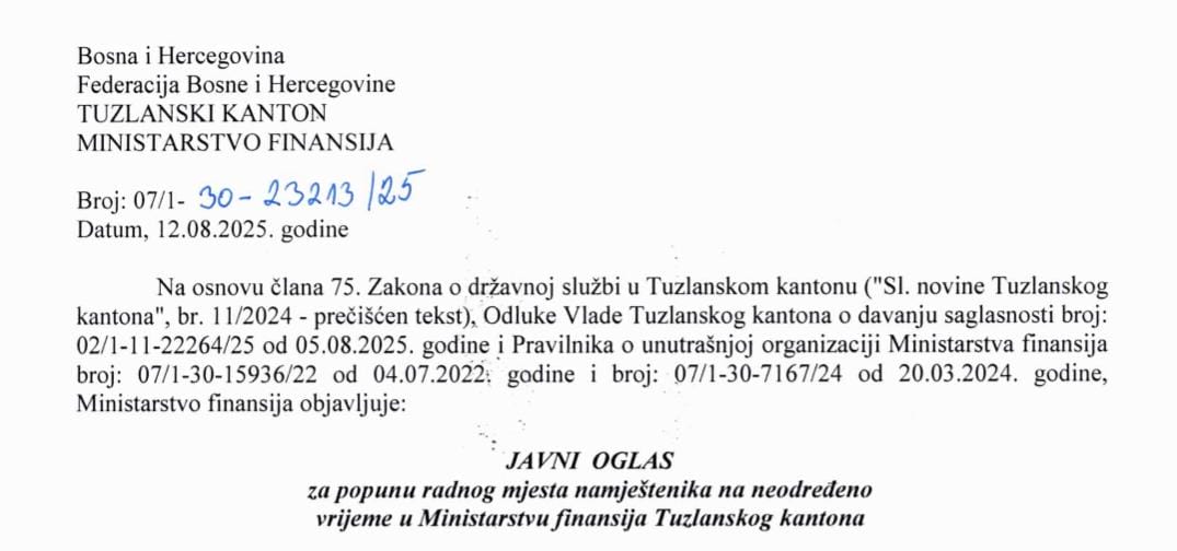 Ministarstvo finansija TK: Konkurs za višeg referenta