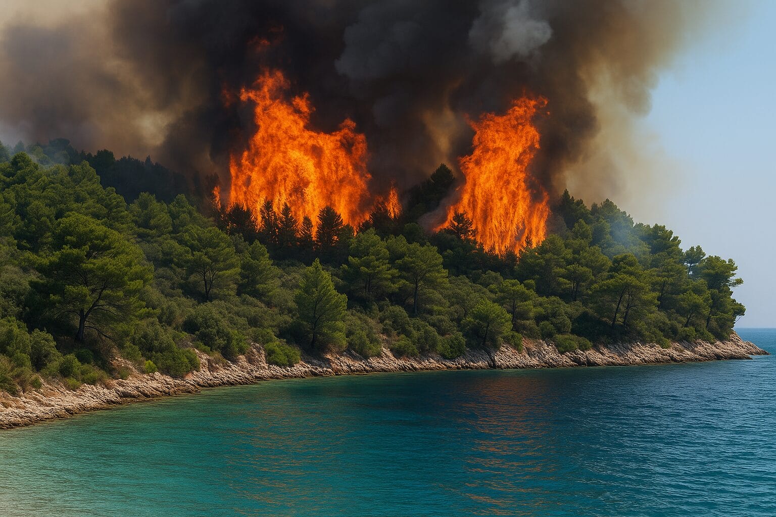 Šumski požar na mediteranskoj obali Klimatski ekstremi, Mediteranska obala zahvaćena požarom – klimatski ekstremi 2025