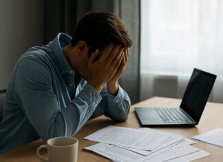 Depresija nakon odmora – umor i stres za radnim stolom, ruke preko lica