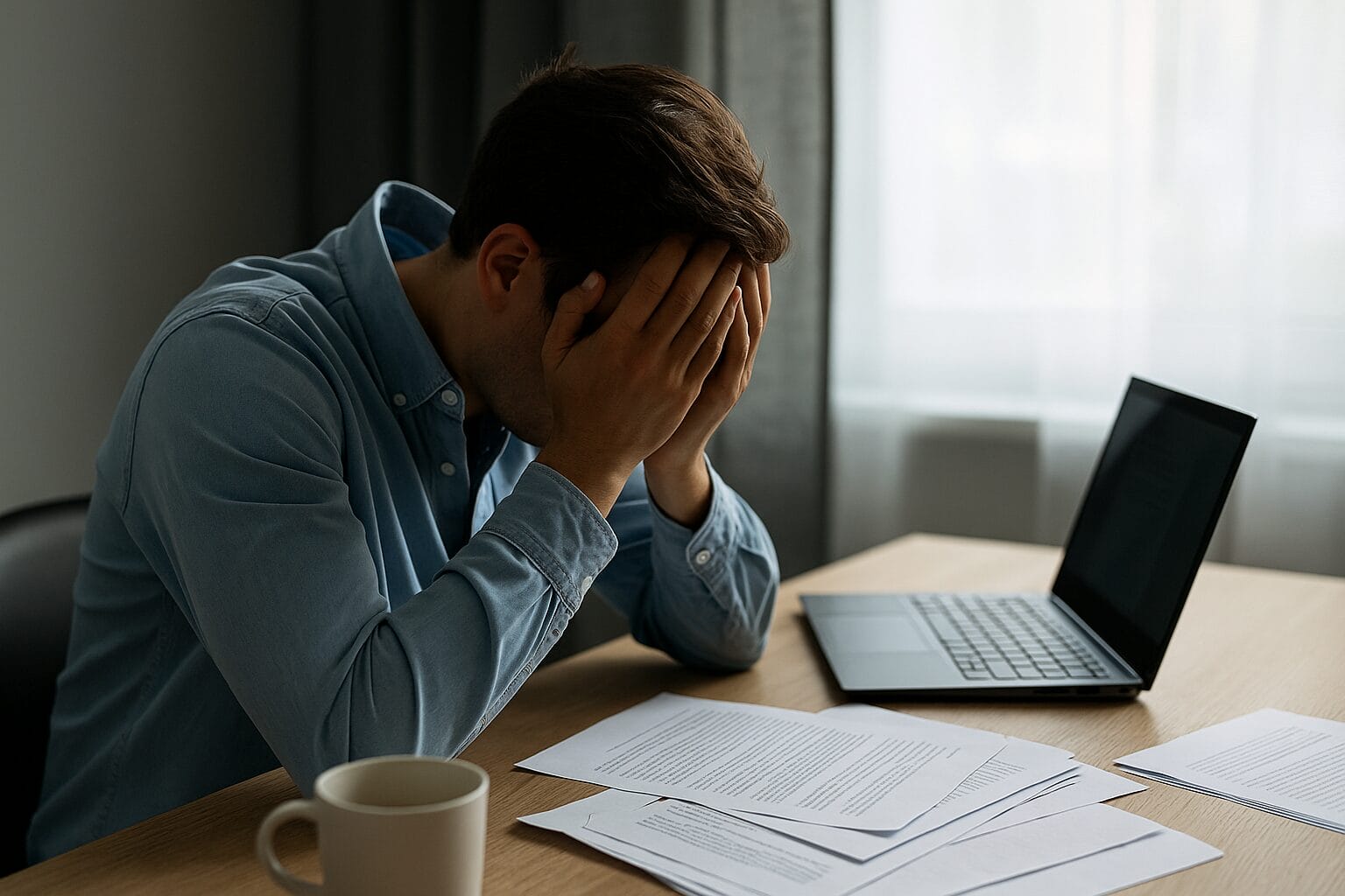 depresija-nakon-odmora-izgaranje-na-poslu Depresija nakon odmora – umor i stres za radnim stolom, ruke preko lica