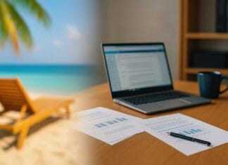 Depresija nakon odmora – kontrast između plaže i radnog stola s laptopom i papirima