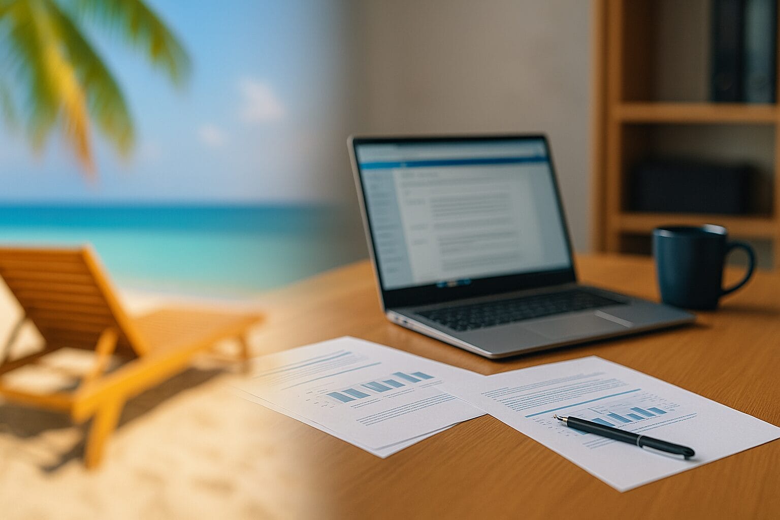 Depresija nakon odmora – kontrast između plaže i radnog stola s laptopom i papirima