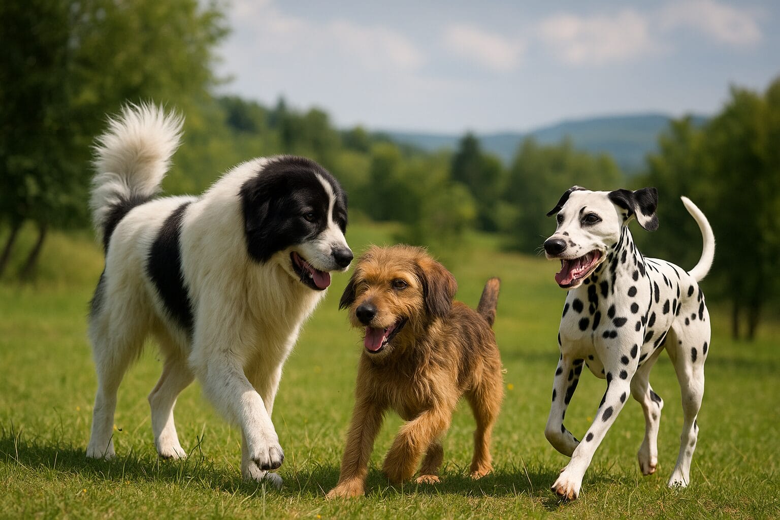 8. Međunarodni dan pasa – barak, tornjak i dalmatinac u igri na livadi