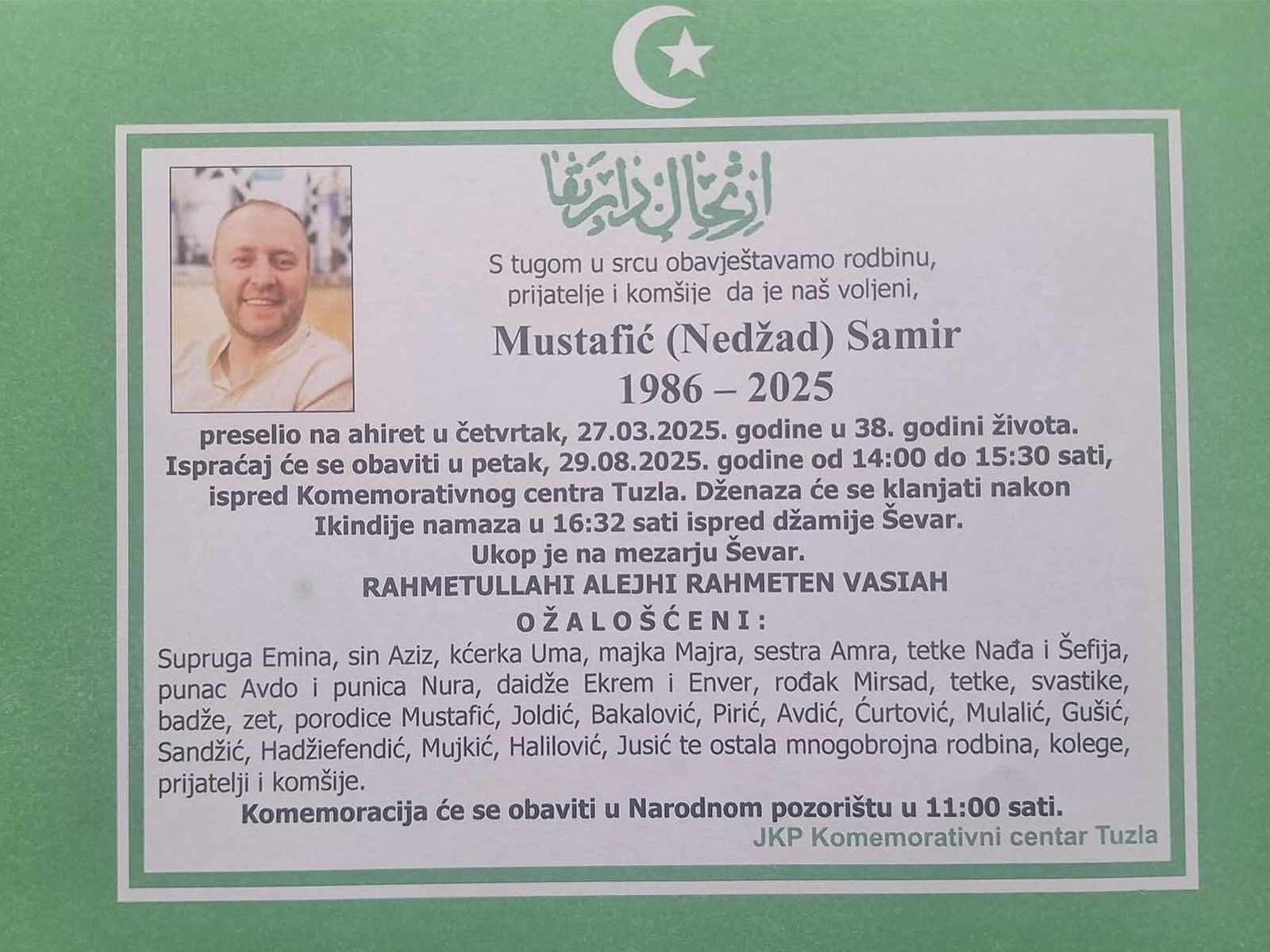 Dženaza Samiru Mustafiću u petak, 29. avgusta