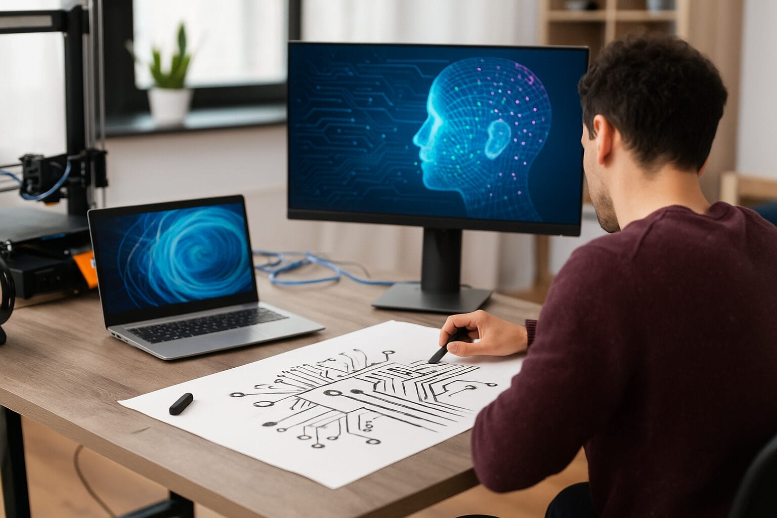 umjetnost tehnologija inovacije Doprinos umjetnika tehnologiji, Umjetnik kombinuje umjetnost i tehnologiju crtajući digitalni dizajn uz računar i 3D printer.