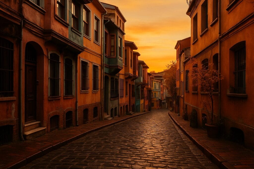 Istanbul grad kojem se vraćamo, Kaldrmisana ulica u Balatu, obasjana toplim svjetlom zalaska sunca, između starih raznobojnih kuća iz osmanskog perioda, bez ljudi.