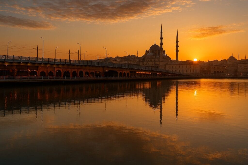 Istanbul grad kojem se vraćamo, Galata most u Istanbulu tokom zalaska sunca, svjetla mosta i džamije presijavaju se na mirnoj vodi Zlatnog roga pod bakrenim nebom.